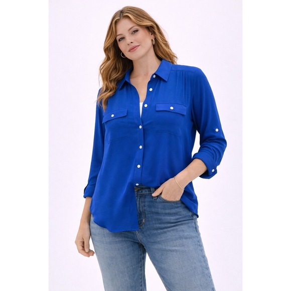 LOFT Tops - Loft Button Down Blouse Womens Medium Blue Roll Tab Sleeve Utility Shirt